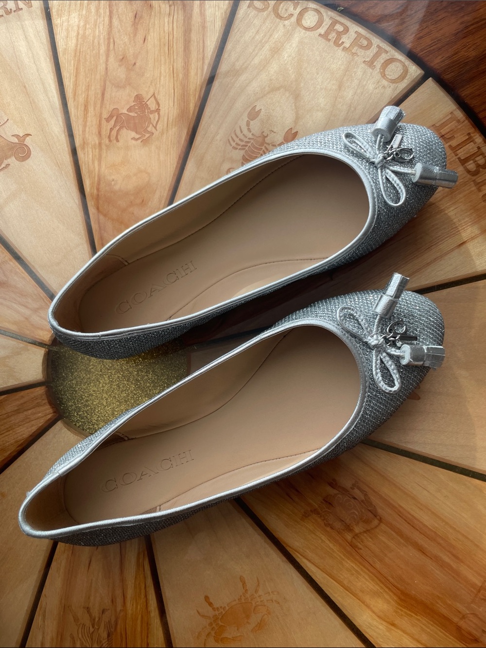 Coach Silver Benni Glitter Tassel Bow Ballet Flats